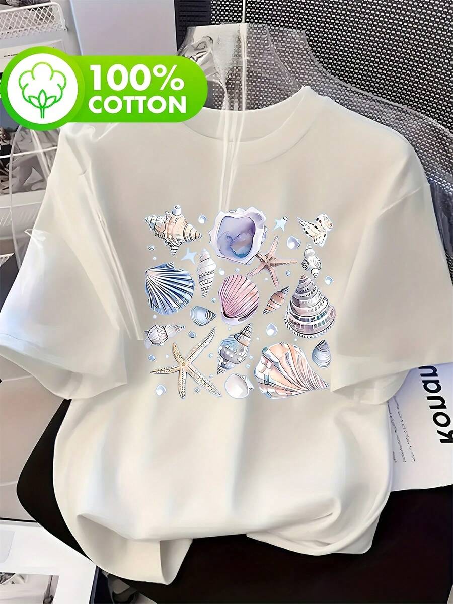 Camiseta 100% estampada con diseño de conchas y estrellas de mar, de manga corta y cuello redondo, estilo casual, adecuada para verano y primavera, ropa de mujer. 180g 100% algodón. - Blanco - Ver 1
