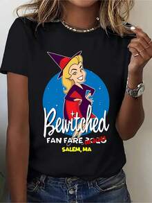 1 pieza de camiseta de mujer con diseño de bruja de dibujos animados - Linda camiseta de manga corta con cuello redondo y estampado de bruja, estampado de Salem MA, ligera y transpirable, elástica, informal para verano y Halloween, diseño divertido de bruja, adecuada para fiestas temáticas y uso casual, 100% algodón de 180g. - Negro - Ver 1