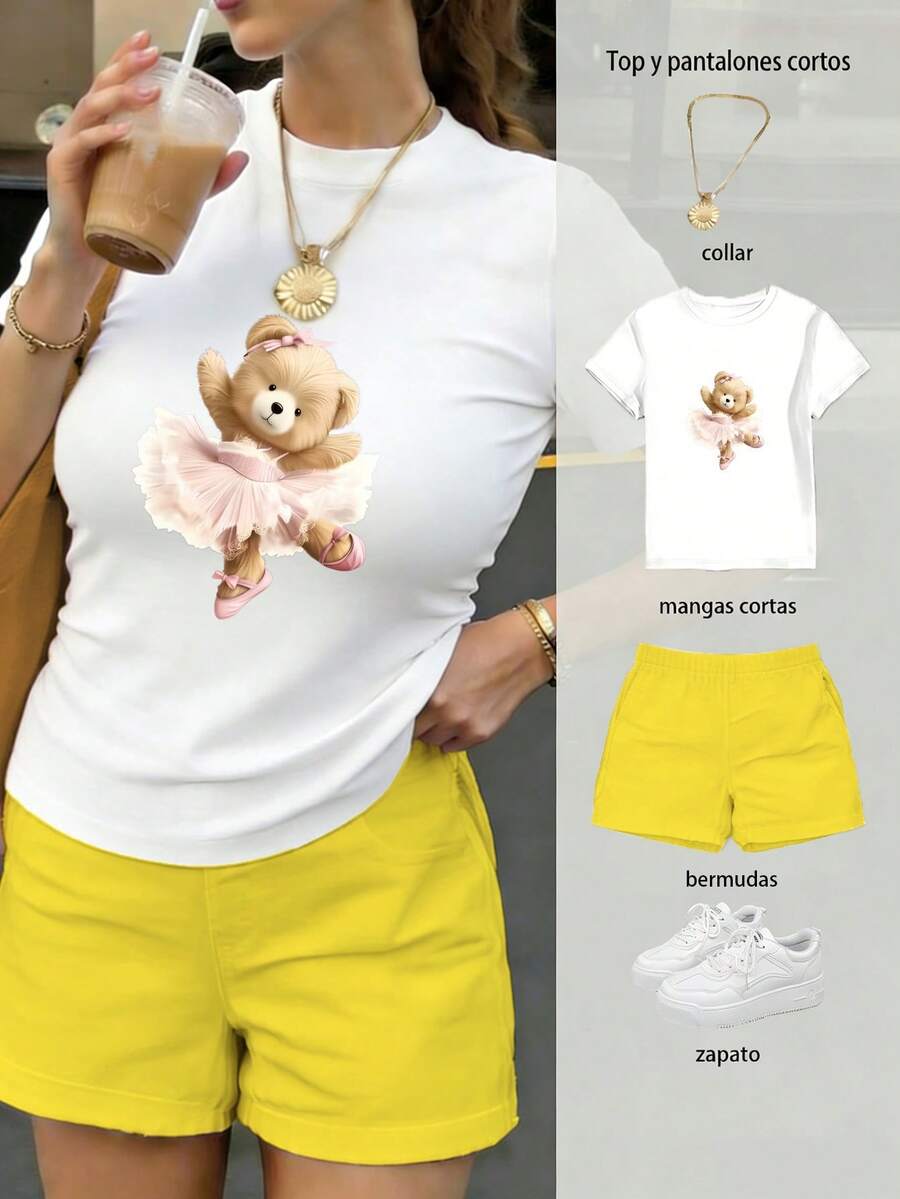 Conjunto de blusa y pantalones cortos para mujer, artesanía de estampado térmico de alta definición, patrón de oso cartoon con vestido de ballet, combinación de rosa y marrón estilo juvenil - Camiseta blanca + pantalón corto amarillo - Ver 1