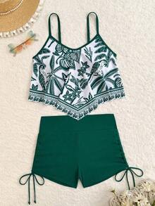 Set de 2 piezas Top de tankini impreso con dobladillo de pañuelo - Azul 2 - Ver 9