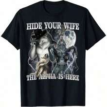 Men's Retro T-Shirt With Funny Meme Print 'Hide Your Wife, The Alpha Is Here' Wolf Design, Short Sleeve, Plus Size, Classic Thick Cotton, Graphic Print T-Shirt, Casual Short Sleeve Top For Women - 黑色 - 查看 6