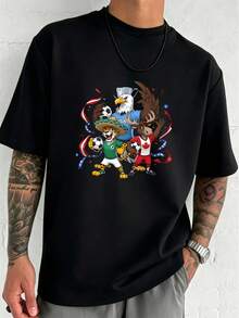 Men's 100% Cotton T-Shirt With Officially Licensed 2026 Three Nations World Cup Mascot Print, Soft And Comfortable, Short Sleeve For Summer. - 黑色 - 查看 10