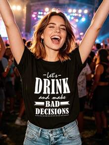 New Summer Casual T-Shirts, Party Favors, Short Sleeve T-Shirt With 'DRINK' Letter Print, Crew Neck, Versatile And Fashionable, New Arrivals, Festival Clothes, Mother's Day - Unisex Loose Fit Cotton Short Sleeve Crew Neck T-Shirt, Urban Vintage Style - 黑色 - 查看 3