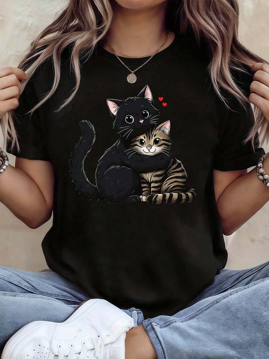 Women's Tops, Women's T-Shirts, Mother's Day, Casual Blouses For Ladies, Women's Tops, 2000s Style, Casual Short Sleeve T-Shirt With Round Neck And Hugging Cat Print, For Spring-Summer, Daily Leisure, Holiday Gift - 黑色 - 查看 1