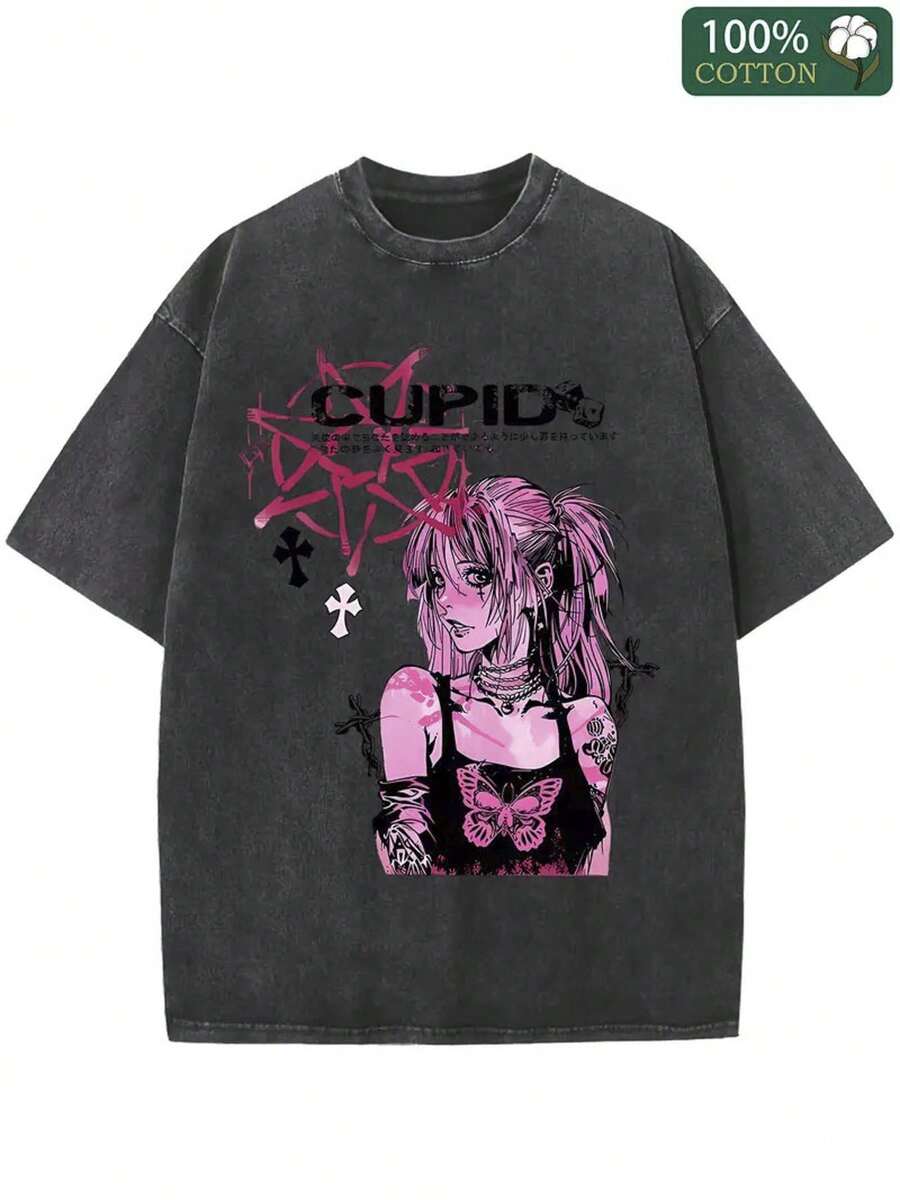 1 Piece Of Washed T-Shirt Of 230g, Cartoon Girl Print, High Quality Batik Cotton, Vintage Style, Printed T-Shirt, With A Certain Thickness Suitable For Summer, Outdoor Activities, Holiday Gift, 180g 100% Cotton. - 黑色 - 查看 1