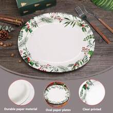 50 platos ovalados de Navidad 12 x 10 pulgadas platos de papel resistentes con hojas de acebo bayas rojas para Navidad día festivo boda decoración de fiesta verde y rojo - Flor de Navidad - Ver 5