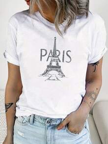 Round Neck T-Shirt With Eiffel Tower Print, Casual Short Sleeve T-Shirt For Spring/Summer, Women's Clothing - 白色 - 查看 2