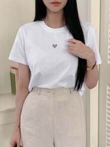 Camiseta casual de verano de mujer con cuello redondo y mangas cortas con detalle de corazón hueco - Blanco - Ver 1