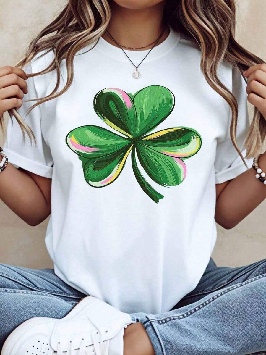 Women's Fashionable And Luxurious St. Patrick's Day Shamrock T-Shirt, Casual Lucky Shamrock Graphic Tee For St. Patrick's Day Celebration, Everyday Wear - 白色 - 查看 1