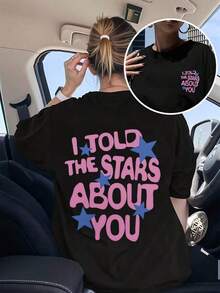 Under The Radar Women's Modern And Unique Crew Neck Design 2026, Double-Sided Print With Pink And Blue Star And Letter Pattern, Custom And High-End, Casual Short Sleeve T-Shirt, Versatile, Comfortable And Slimming, Feminine Style - Unisex Cotton Loose Fit Short Sleeve Crew Neck T-Shirt, Urban Vintage Style. Unisex Cotton Loose Fit Short Sleeve Crew Neck T-Shirt, Urban Vintage Style - 黑色 - 查看 1