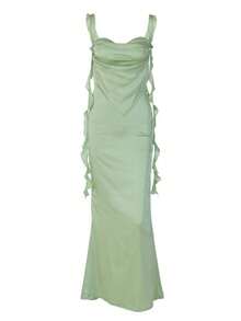 Vestido largo con tirantes de encaje, espalda descubierta, volantes y cintas flotantes estilo - Verde - Ver 6