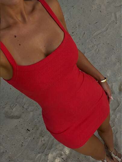 Vaiaye Women's Red Summer Square Neck Dress, Casual Sleeveless Bodycon Mini Dress Suitable For Daily Wear & Beach Vacation Elegant