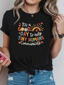 TrendyWomen's Women's T-Shirt With Exclusive Colorful Letter And Heart Print For Speech Therapists And AAC Supporters, Short Sleeve, Gift For Birthday, Easter, Mother's Day, Casual Short Sleeve Crew Neck T-Shirt For Women, Everyday Wear - 黑色 - 查看 1