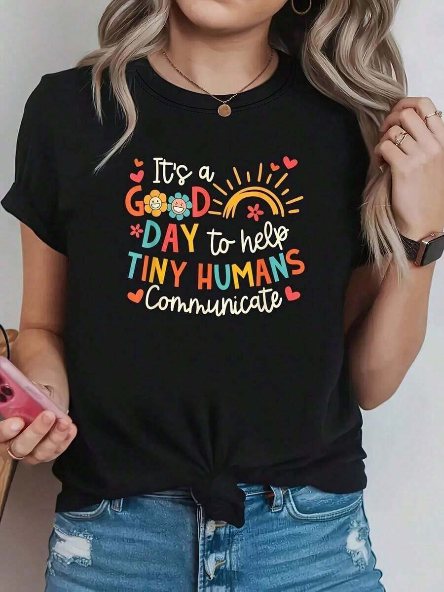TrendyWomen's Women's T-Shirt With Exclusive Colorful Letter And Heart Print For Speech Therapists And AAC Supporters, Short Sleeve, Gift For Birthday, Easter, Mother's Day, Casual Short Sleeve Crew Neck T-Shirt For Women, Everyday Wear - 黑色 - 查看 1