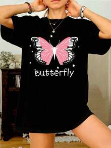Women's Short-Sleeved Cotton T-Shirt With A Butterfly Print, A Casual Summer Style, Pretty And Stylish, With A Round Neck, Ideal As A Gift For Her. 100% Cotton T-Shirts With A Youthful And Modern Design, Casual Blouses For Women. - 黑色 - 查看 6