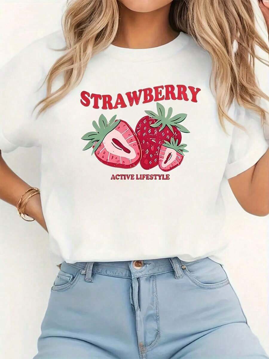 Camiseta de manga corta para mujer con estampado de fresas y alfabeto | Cuello redondo informal, tela de alta elasticidad, corte regular, lavable a máquina para primavera/verano/otoño.blusas para mujer>ropa - Blanco - Ver 1