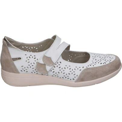 Fluchos TREINTA'S | Buty damskie skórzane – białe z detalami w kolorze taupe – zapięcie na rzep – łatwe zakładanie i zdejmowanie – skóra – wysoka jakość – wygodne i uniwersalne – model 4310