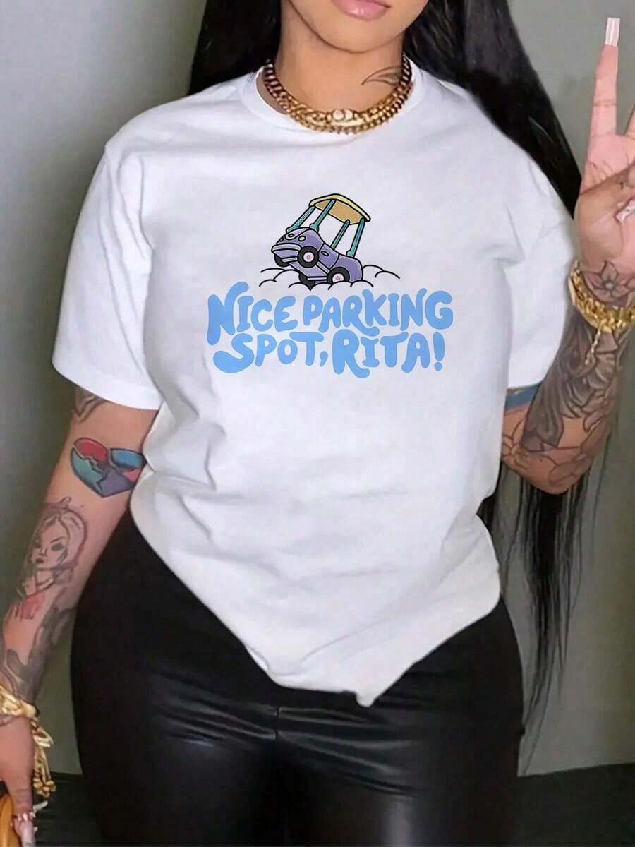 Women's Cotton T-Shirts Nice Parking Spot, Rita! Graphic Print T-Shirt For Women, Comfortable And Pure Cotton For Casual Outings And Weekend Style. A Fun And Unique Gift For Her. Express Yourself With This T-Shirt! Women's Basic Blouses - 白色 - 查看 1