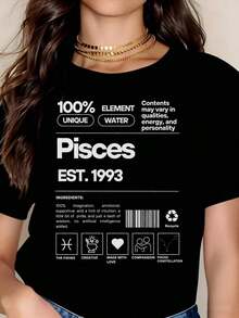 Women's Cotton T-Shirts, T-Shirt With The Zodiac Sign Pisces, 100% Unique, Water Element, Born In 1993, Graphic T-Shirt With Constellation Of Compassion And Love For Women, Basic Blouses For Women. - 黑色 - 查看 7