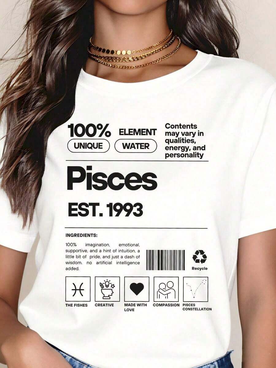 Women's Cotton T-Shirts, T-Shirt With The Zodiac Sign Pisces, 100% Unique, Water Element, Born In 1993, Graphic T-Shirt With Constellation Of Compassion And Love For Women, Basic Blouses For Women. - 白色 - 查看 1