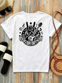 New Short-Sleeved T-Shirt, 180g, % Cotton, With Front And Back Prints - Rock Guitar, Musical Symbols - Fashionable Printed T-Shirt For Women, Spring/Summer, Suitable For All Seasons,  Clothing - Can Be Used As A Base Layer In Spring And Autumn Or Alone In Summer, Unisex. - White - View 2