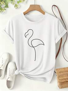 Women's Flamingo Print T-Shirt, Unique Line, Artistic Style Spring/Summer 2026, Short Sleeve, Cool Everyday Wear, Loose And Minimalist, Animal Theme, Versatile Fashion Design, Women's Clothing S-XXL - 白色 - 查看 1