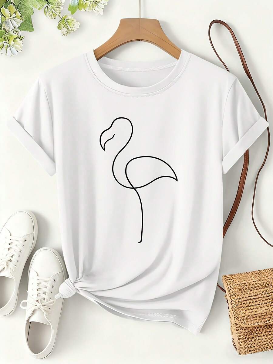 Women's Flamingo Print T-Shirt, Unique Line, Artistic Style Spring/Summer 2026, Short Sleeve, Cool Everyday Wear, Loose And Minimalist, Animal Theme, Versatile Fashion Design, Women's Clothing S-XXL - 白色 - 查看 1