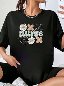 Nurse T-Shirt With Daisy Bandage And Stethoscope Design, Plus Size White T-Shirt For Women - 黑色 - 查看 1