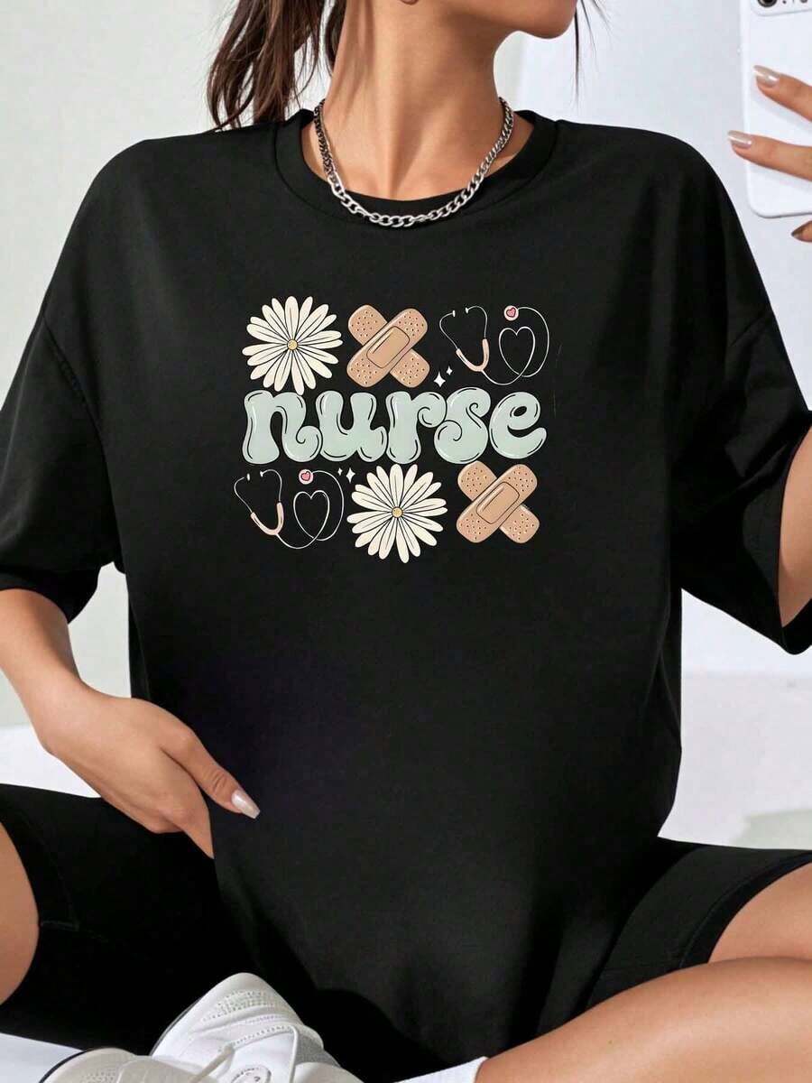 Nurse T-Shirt With Daisy Bandage And Stethoscope Design, Plus Size White T-Shirt For Women - 黑色 - 查看 1