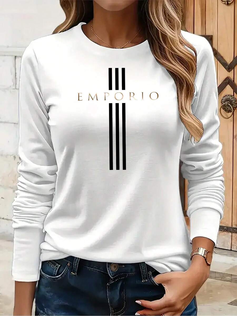 Women's Western Style Long Sleeve T-Shirt With Easy Print - Casual Sporty Style, Easy And Relaxed, 95% Cotton, 5% Polyester, 180g, Fashionable Striped Design, Autumn/Winter, Comfortable And Breathable, Versatile And Casual, Lightweight And Soft - 白色 - 查看 1