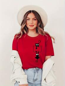 Women's Casual Cotton Crew Neck T-Shirt Is A Plus-Size Casual T-Shirt With Animal Prints, Made Of 100% Polyester Knit Fabric. This Regular-Fit, Short-Sleeved Top For Women Has Medium Stretch And Is Suitable For Home, Work, And Outdoor Wear – Perfect For All Seasons. A Simple T-Shirt For Everyday Wear. - 紅色 - 查看 7
