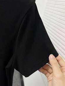 Women's Cotton Round Neck Casual T-Shirt - Short Sleeve Round Neck Casual T-Shirt For Women, Ideal For Spring/Summer - Relaxed Fit - Top With Appliquéd Geometric Print, Machine Washable Blouse For Casual Outfits And Layering Pieces - Simple T-Shirt For Everyday Wear - 黑色 - 查看 5