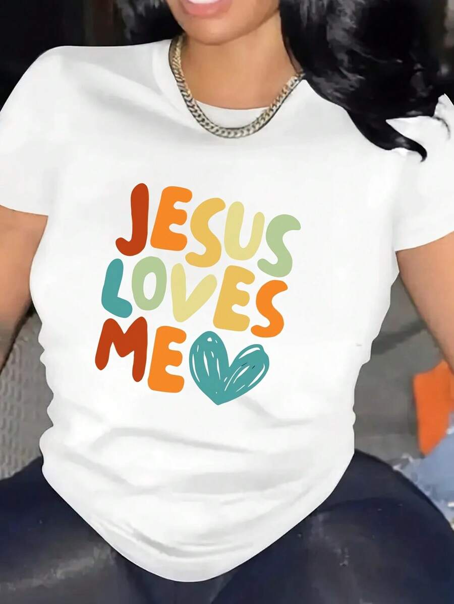 Women's Casual Cotton Crew Neck T-Shirt With English Letter Print, Short Sleeve Casual Sports Top For Spring/Summer, Women's Clothing. Simple T-Shirt For Everyday Wear. - 白色 - 查看 1