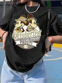 New 2026 Collection: Cotton T-Shirt, Women's Casual Cotton T-Shirt With Round Neck And Short Sleeve, Oktoberfest Print, Regular Fit, Summer Top, Breathable And Lightweight, Suitable For Sports And Leisure, For Gifts, Suitable For Parties. - 黑色 - 查看 1