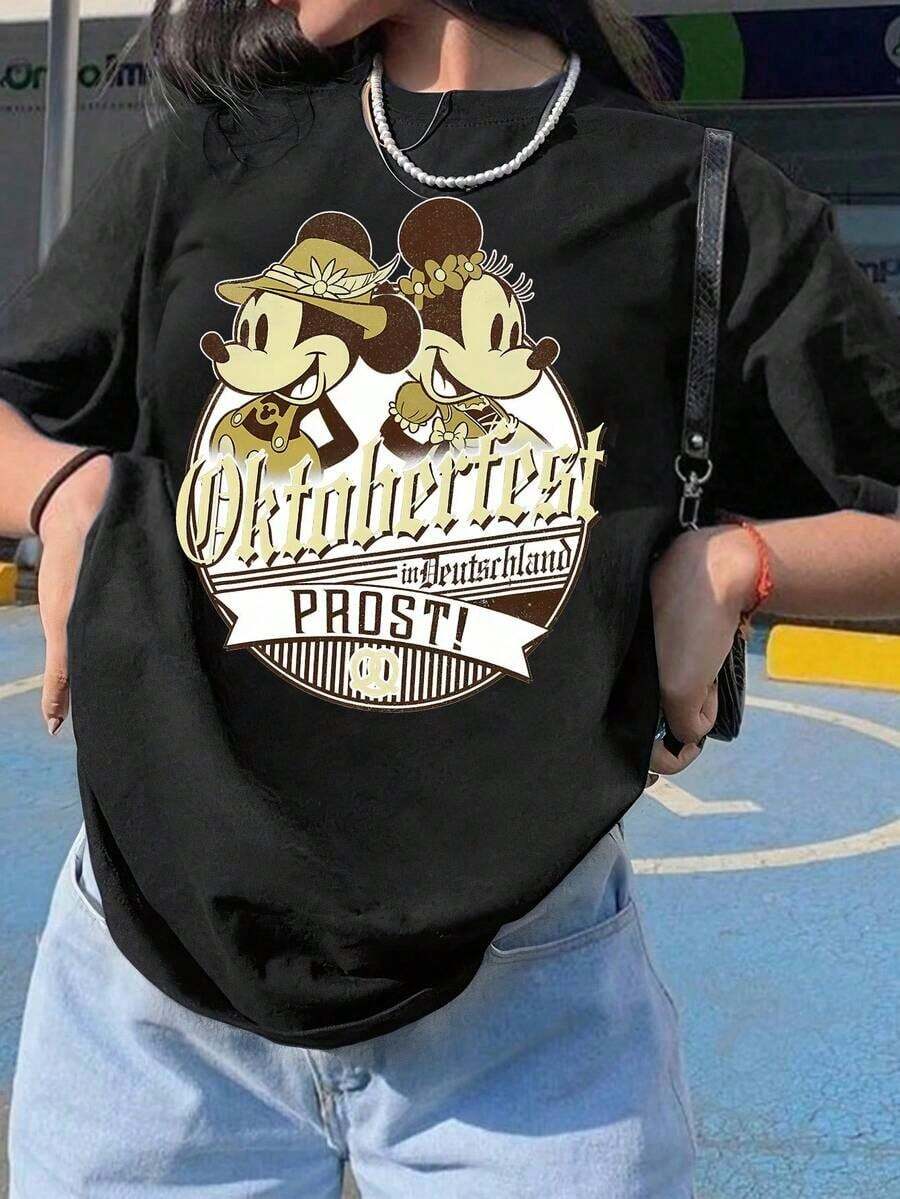 New 2026 Collection: Cotton T-Shirt, Women's Casual Cotton T-Shirt With Round Neck And Short Sleeve, Oktoberfest Print, Regular Fit, Summer Top, Breathable And Lightweight, Suitable For Sports And Leisure, For Gifts, Suitable For Parties. - 黑色 - 查看 1