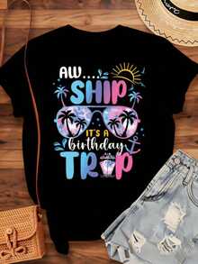 Aw Ship It's A Birthday Trip Tropical Vacation Women's T-Shirt, Summer Beach Party T-Shirt, Birthday Celebration Gift For Her, Fun Festive Clothing, 220g - Unisex Short Sleeve T-Shirt, Round Neck, Urban Vintage Style, 100% Pure Cotton - 黑色 - 查看 4