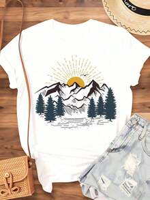 Women's Nature-Inspired Mountain Sunset Landscape Print T-Shirt For Outdoor Adventures, Summer Casual Wear With Pine Tree And Sun Design, 220g - Urban Vintage Style, Unisex, 100% Pure Cotton, Short Sleeve, Crew Neck - 白色 - 查看 4