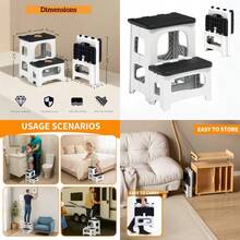Taburete plegable de 2 peldaños antideslizantes taburete plegable para adultos y niños taburete de plástico para piscina taburete plegable escalera de 2 escalones para cocina inodoro recámara - Negro Blanco - Ver 1