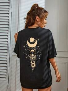 Camiseta Casual para Mujer con Estampado de Cielo Estrellado Negro - Negro - Ver 5