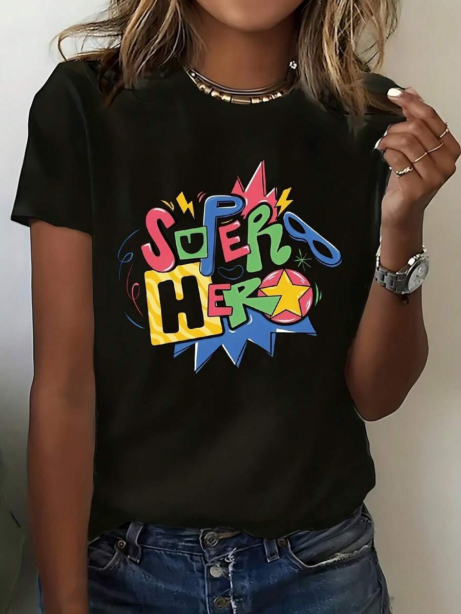 Camiseta de Superhéroe para el Empoderamiento de la Mujer | Camiseta Casual de Manga Corta con Cuello Redondo, Estampado de Lemas Femeninos y Héroes de Cómics, Blusa Cómoda Lavable a Máquina para Uso Casual al Aire Libre - Lemas Inspiradores y Gráficos de Superhéroes - Negro - Ver 1