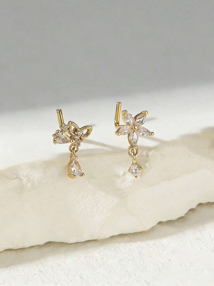Bộ 2 chiếc khuyên mũi bằng hợp kim đồng đính đá lấp lánh, thời trang, hình trái tim, thánh giá, hoa, số 7, chất liệu thép không gỉ, thích hợp cho nữ giới đeo hàng ngày, làm quà tặng sinh nhật, Giáng sinh, Ngày Valentine. - Vàng - Xem 1