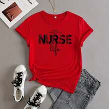 Women's Graphic Nurse T-Shirt, Cotton, Short Sleeve, Round Neck, Leopard Print And Lettering, Casual Loose Fit, For Maternity Work, Sizes M-5XL, Soft. - Red - View 7