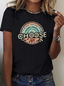 "Choose Joy" Print Crew Neck T-Shirt, Casual Short Sleeve T-Shirt For Spring And Summer, Women's Clothing - 黑色 - 查看 7