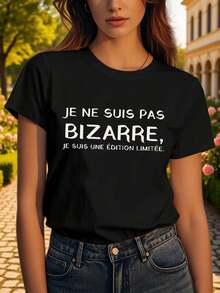 Women's Modern, Casual T-Shirt, Perfect For Parties And Lounging At Home, 100% Cotton, Loose Fit. Plus Size. Women's T-Shirt With "JE NE SUIS PAS BIZARRE JE SUIS UNE EDITION LIMITEE" Letter Print, Short Sleeves, Round Neck, Casual Style For Summer And Spring, Women's Clothing - 黑色 - 查看 2