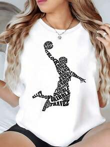 100% Cotton. Basketball Player Figure Formed By Sports-Related Words In Action. Women's T-Shirt, 100% Cotton, 220g. Women's Simple Solid Color T-Shirt, Loose And Slim Fit Casual Short Sleeve - 白色的 - 查看 8