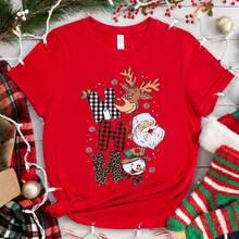GiftSanta Claus Short Sleeve Christmas T-Shirt With Round Neck, Breathable Graphic Print Of Santa Claus, Letter H, Snowman And Reindeer, Casual Shirt, New Christmas Gift For Women, TopSoft - 紅色 - 查看 7
