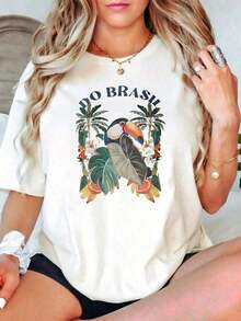 Women's T-Shirt, Casual Summer T-Shirt For Women With Tropical Design Of Toucan And Palm Tree, "Do Brasil" Print, For Beach Vacation, Gift For Her - 白色 - 查看 6