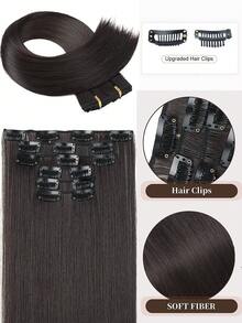 24 Inch 6pcs Black & Brown Straight Synthetic Hair Clip-In Hair Extensions, Natural Soft Dual-Layer Synthetic Fiber Wigs For Women - Black Brown - View 5