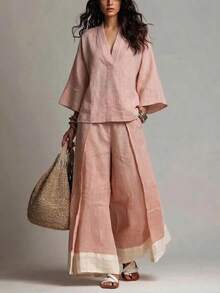 Women's Linen Set, V-Neck Short Sleeve Blouse + Wide Leg Pants, Multiple Colors Available, Spring/Summer Casual Wear - Pink - View 1