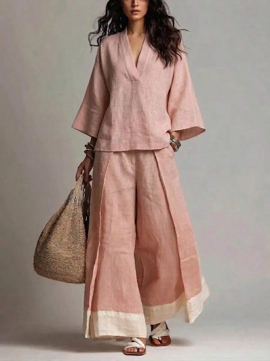 Women's Linen Set, V-Neck Short Sleeve Blouse + Wide Leg Pants, Multiple Colors Available, Spring/Summer Casual Wear - Pink - View 1
